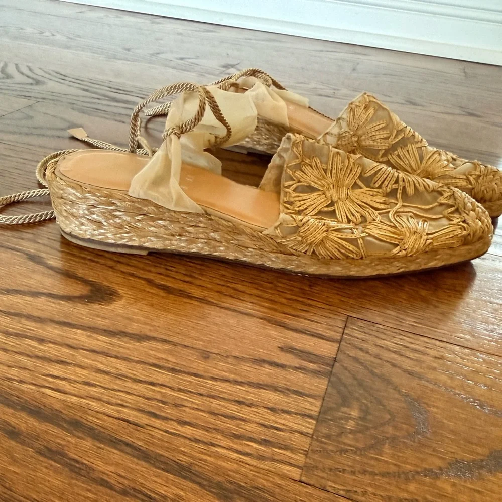 Stuart Weitzman Tan Woven Espadrille Ankle-Tie Sandals
